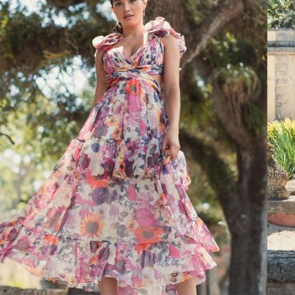 NWT | Mac Duggal 56048 White Multi Ruffle Tiered Floral Chiffon Dress Size 4 - Picture 3 of 16